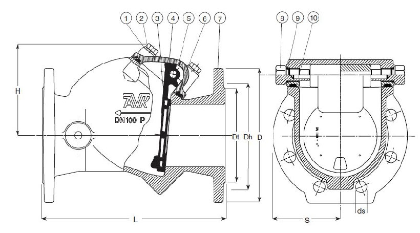Клапан обратный поворотный AVK схема
