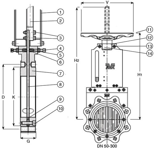 Задвижка AVK шиберная с выдвижным штоком схема